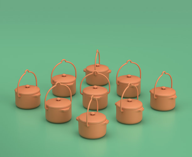 等距野营烹饪锅，单色黄色露营设备在绿色背景，3D渲染图片下载