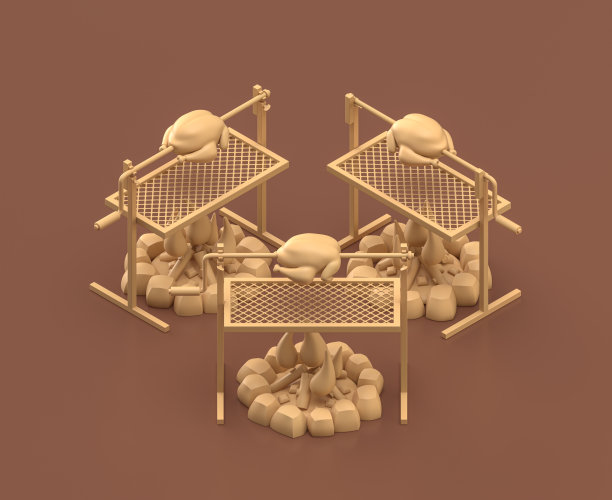 等距烤鸡在露营火上。单色黄色露营设备在棕色背景，3D渲染图片下载