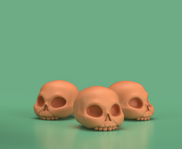 地面上等距的人类头骨和骨骼，绿色背景上的单色黄色，3D渲染，危险的极限运动，考古图片下载