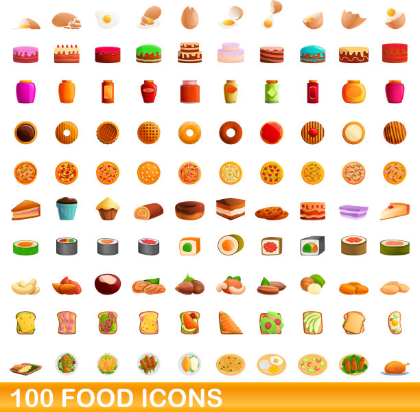 100个食物图标设置卡通风格图片下载