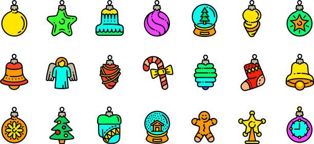 圣诞树玩具图标设置轮廓风格图片下载