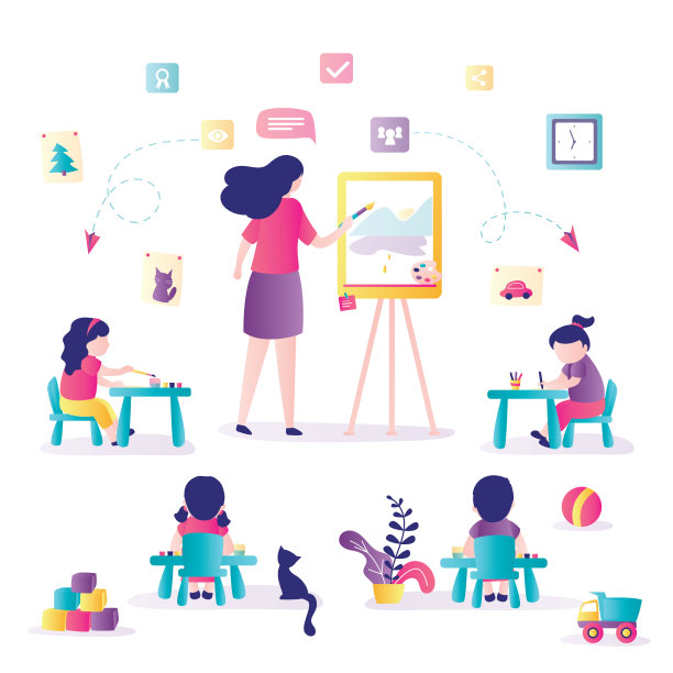 艺术课：幼儿教育，女美术老师和学前班学生用画笔绘画课程banner图片下载