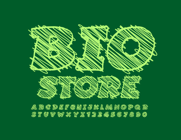 向量绿色标志生物商店。创意粉笔字母和数字图片下载