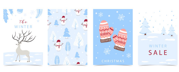 收集冬季背景设置与树，雨鹿，雪人。可编辑的矢量插图圣诞邀请，明信片和网站横幅图片下载