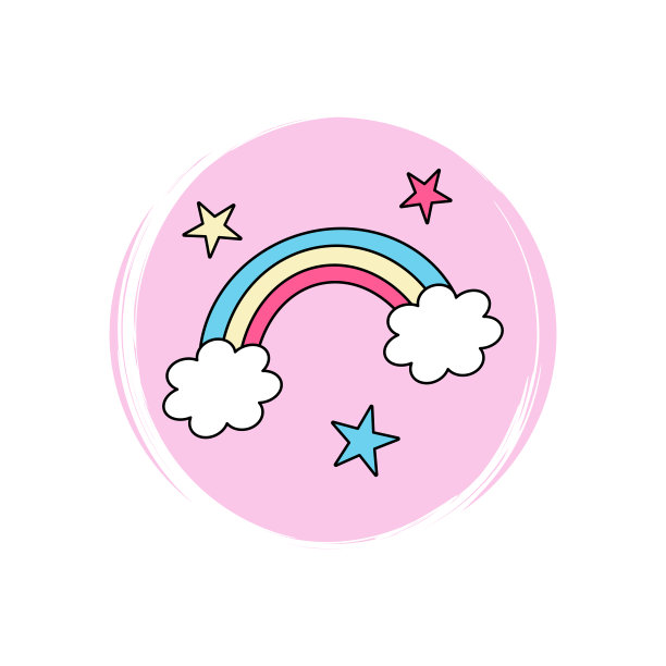 可爱的标志或图标矢量与彩虹和星星，插图在圆与画笔纹理，为社交媒体的故事和亮点图片下载