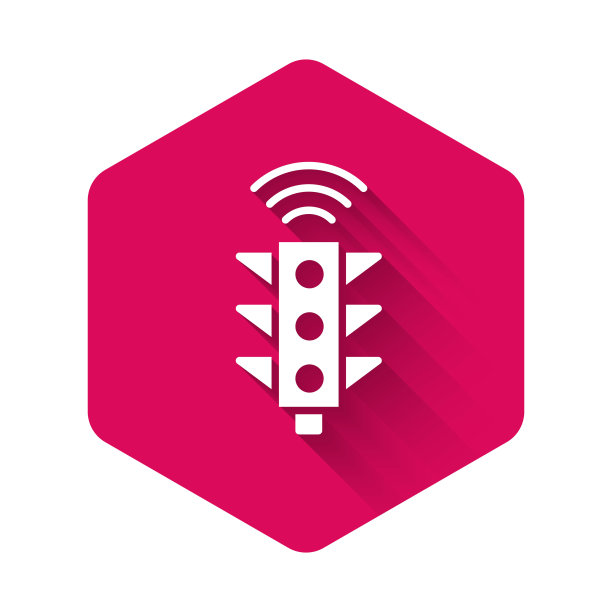 白色智能交通灯系统图标孤立有长长的阴影。物联网概念与无线连接。粉色六角形按钮。向量图片下载