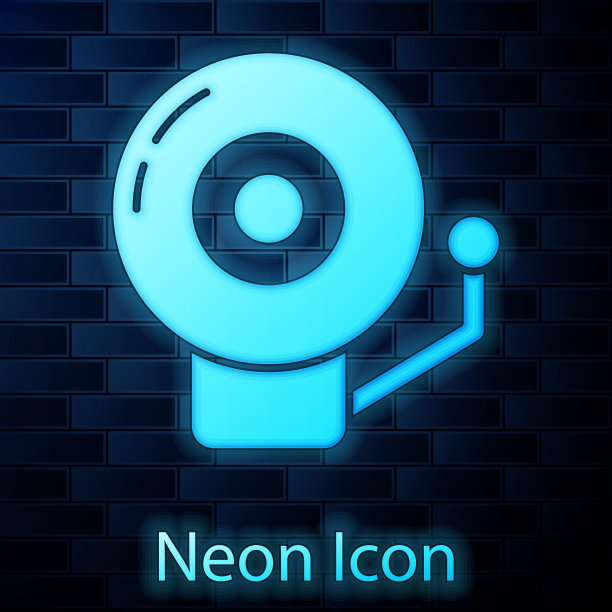 发光霓虹灯响警钟图标隔离在砖墙背景。报警标志，服务铃，手铃标志，通知标志。向量图片下载