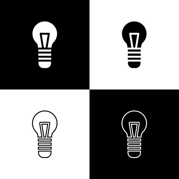 设置灯泡与概念的想法图标隔离在黑色和白色背景。能量和理念的象征。灵感的概念。向量图片下载