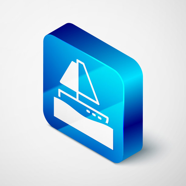 等距游艇帆船或帆船图标孤立的灰色背景。航行，乘船，海上巡游。蓝色方框按钮。向量图片下载