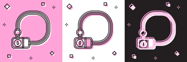 设置自行车锁U形工业图标孤立在粉红色和白色，黑色背景。向量图片下载