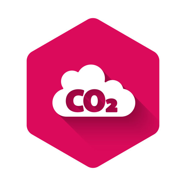 白色的二氧化碳排放在云图标孤立与长影子。二氧化碳公式，烟雾污染概念，环境概念。粉红色的六角按钮。向量图片下载