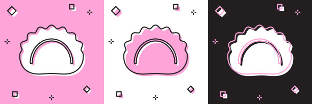 设置饺子图标孤立在粉红色和白色，黑色背景。Pierogi, varenyky, pelmeni，馄饨。乌克兰的传统食物。向量素材图片