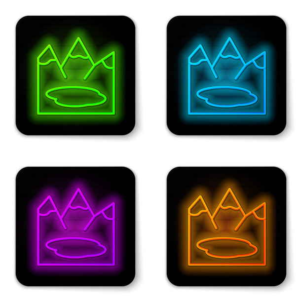 发光的霓虹灯线与山脉和湖泊图标孤立在白色的背景加拿大景观。黑色方形按钮。向量图片下载