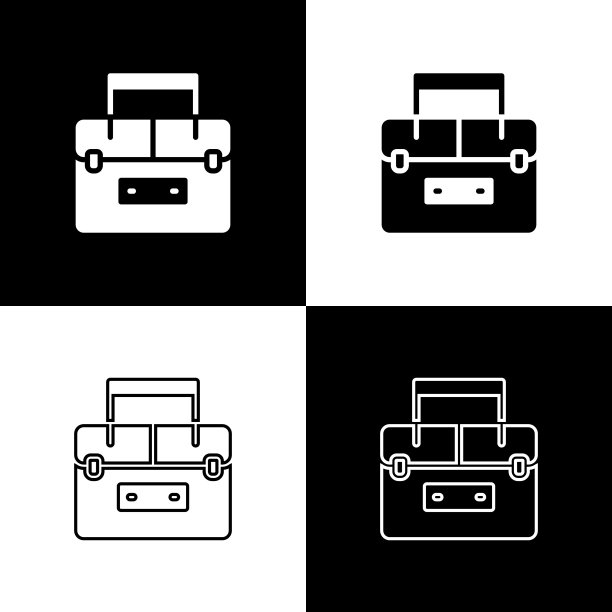 设置箱子或盒子容器摆动和齿轮钓鱼设备图标隔离在黑色和白色背景。渔具。向量图片下载