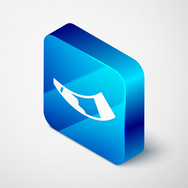 等距狩猎喇叭图标孤立在灰色背景。蓝色方块按钮。向量图片下载