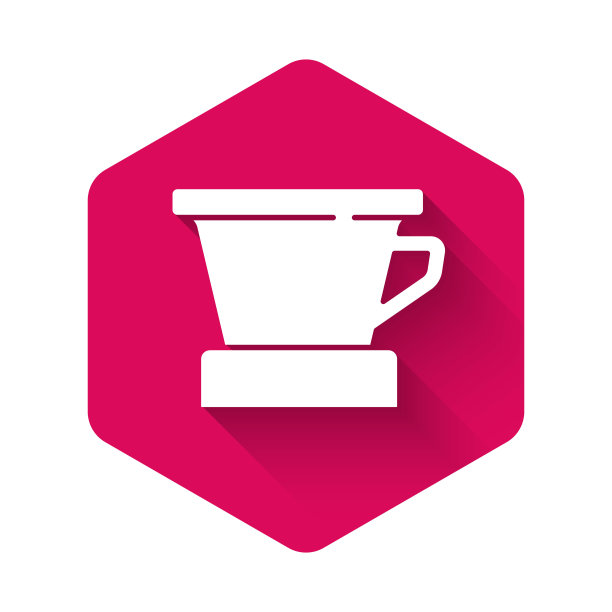 白色V60咖啡机图标孤立与长影子。粉红色的六角按钮。向量图片下载
