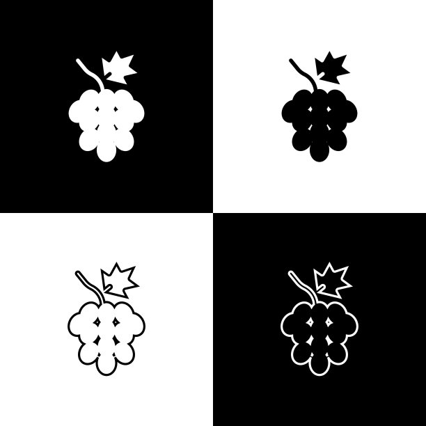 设置葡萄水果图标孤立的黑色和白色背景。向量图片下载