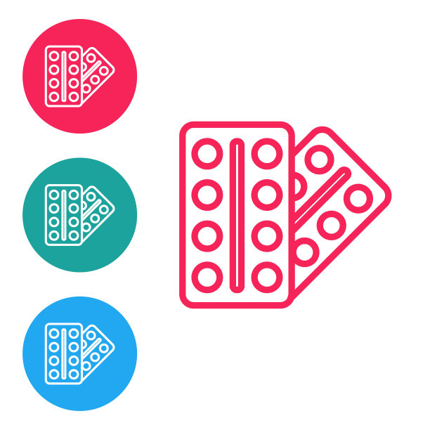 红色线药丸在水泡包装图标隔离在白色背景。片剂、维生素、抗生素、阿司匹林等医疗药品包装。在圆形按钮中设置图标。向量图片下载