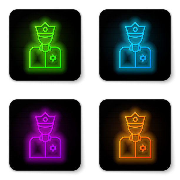 发光的霓虹灯线警察图标孤立在白色的背景。黑色方形按钮。向量图片下载