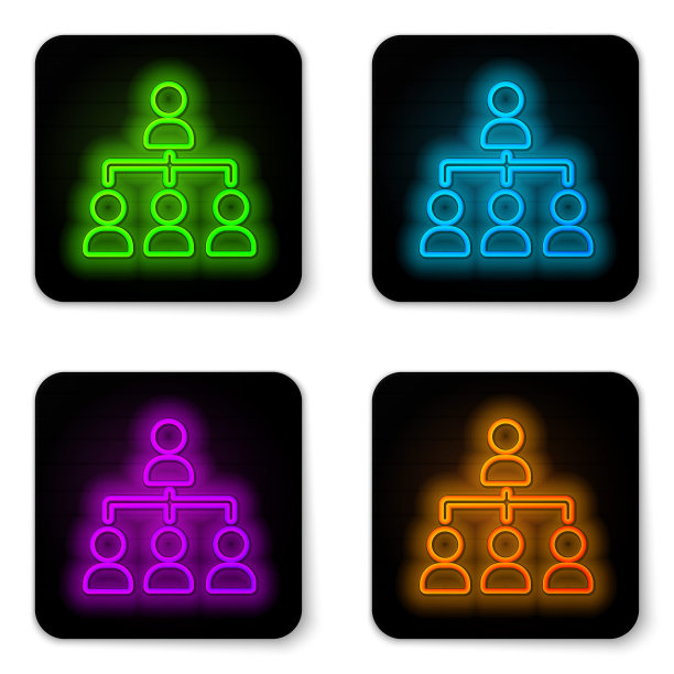 发光氖气线业务层次结构组织图信息图图标孤立在白色背景。企业组织结构图形元素。黑色方形按钮。向量图片下载