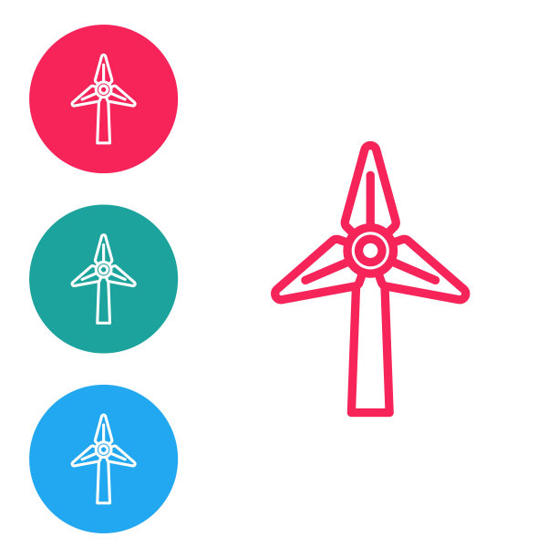 红色线风力涡轮机图标孤立在白色背景上。风力发电机的迹象。用于发电的风车。在圆形按钮中设置图标。向量图片下载