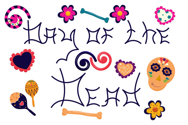 一套项目为国家墨西哥假日和狂欢节-亡灵日。矢量插图在平面风格。头骨和铭文在墨西哥颜色的交叉骨头，心和沙球。图片下载