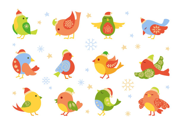 圣诞鸟卡通新年集可爱向量图片下载