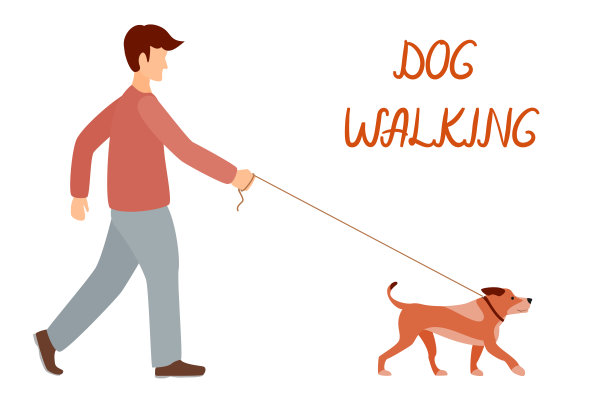 带着狗散步的人。宠物散步。矢量在一个平坦的风格孤立在白色的背景。字体:遛狗。图片下载