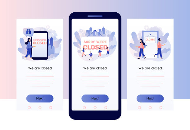 对不起，我们关门了，大招牌。破产的企业。关闭的场所，咖啡馆，商店，商店，沙龙通过危机，隔离。手机智能手机屏幕模板。现代平面卡通风格。向量图片下载