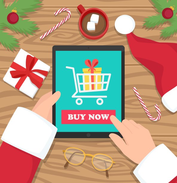 圣诞老人正在网上商店用平板电脑购买礼物图片下载
