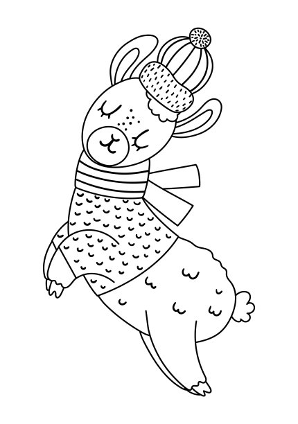 向量黑色和白色羊驼在帽子，围巾和毛衣。可爱的冬季动物插图。有趣的圣诞卡设计。新年线图标与微笑的字符图片下载