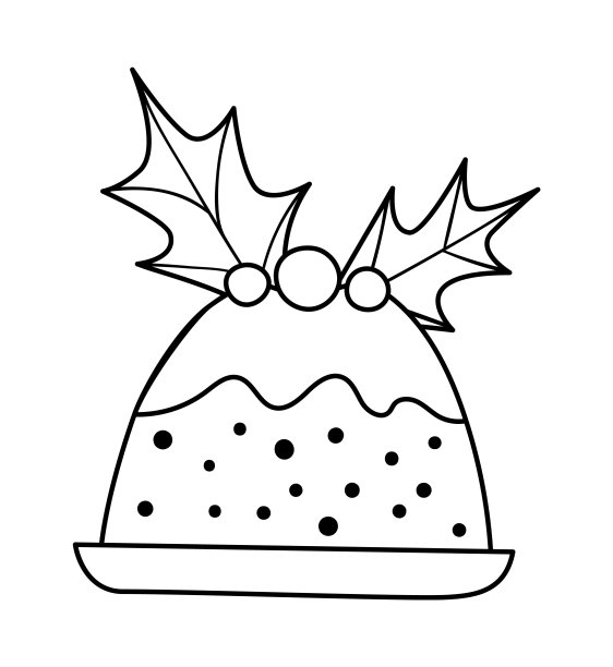 矢量黑色和白色圣诞布丁与神圣的叶子和红色浆果孤立在白色的背景。可爱有趣的年糕插画。传统的冬季甜点线图标图片下载