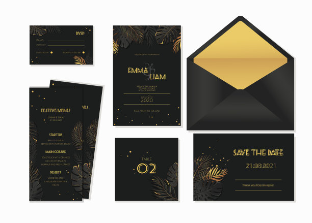 婚礼文具在豪华的金色和黑色风格图片下载