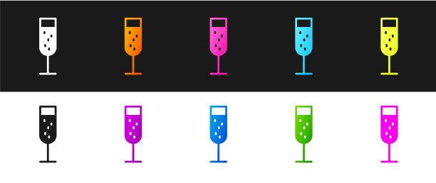 设置玻璃香槟图标孤立在黑色和图片下载