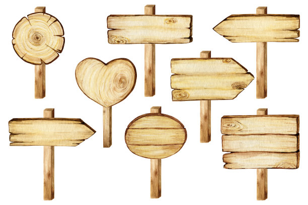 水彩木招牌，空空白孤立。一套古老的，复古的手绘木材横幅，木板，木板。插图与文字空间。指示信息的箭头指示寻路。图片下载