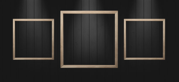 墙海报现实的框架设置。木头和黑色的图像框在黑暗的墙壁上。模型说明。图片下载