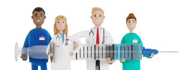 医生。一群医护人员正拿着注射器。主任医师和医学专家。3D插图卡通风格。图片下载