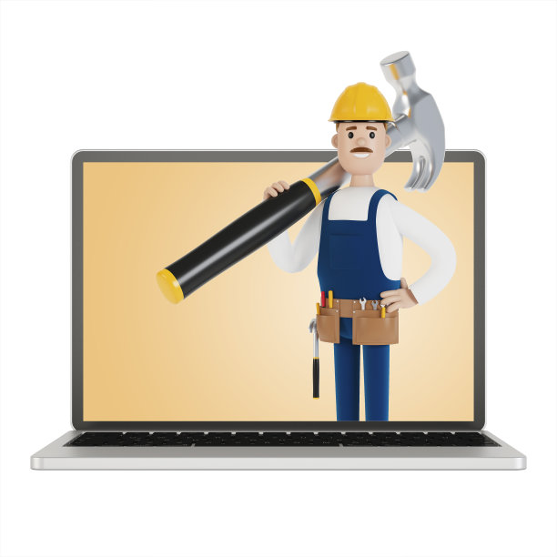 杂工用一把大锤敲着笔记本电脑的屏幕。一个小时的丈夫。电工、水管工、木匠叫工头来工作。3D插图卡通风格。图片下载