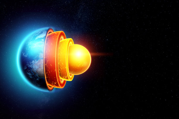 地球的内部结构，地核的结构，地质层上的黑暗背景的空间。地球地质学概念、岩浆、岩石圈漂移。3D插图，3D渲染。图片下载