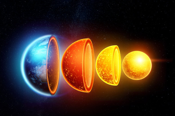 地球的内部结构，地核的结构，地质层上的黑暗背景的空间。地球地质学概念、岩浆、岩石圈漂移。3D插图，3D渲染。图片下载