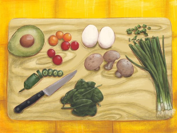 牛油果，鸡蛋，蘑菇，番茄，葱，切菜板上放一把刀。图片下载