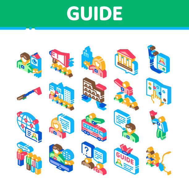 导游引导旅行者等距图标设置图片下载