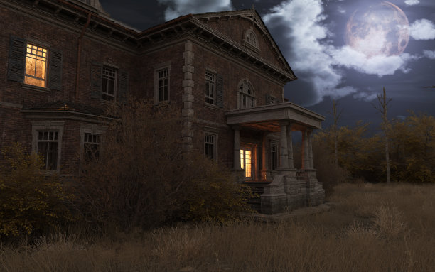 废弃鬼屋避难所的幽灵月光之夜3d插图图片下载