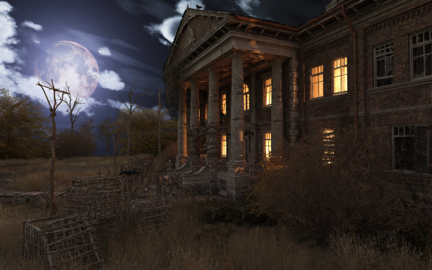 废弃鬼屋避难所的幽灵月光之夜3d插图图片下载