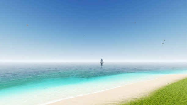 轻松的海景，广阔的天空和大海。蓝色的天空。美丽的天空和蓝色的海洋。3 d渲染。美丽的海滩，白色的沙子和蓝绿色的水。图片下载
