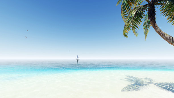 轻松的海景，广阔的天空和大海。蓝色的天空。美丽的天空和蓝色的海洋。3 d渲染。美丽的海滩，白色的沙子和蓝绿色的水。图片下载