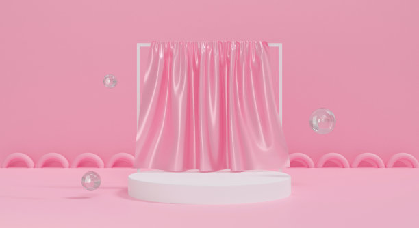 3d粉色讲台上柔和的背景与丝绸织物。抽象空白舞台幕布。3d渲染化妆品，模型和显示产品。创意点子最小场景。室内设计。图片下载