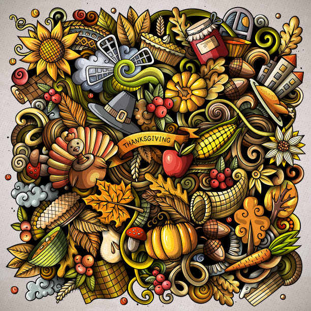 卡通矢量涂鸦感恩节快乐插图图片下载