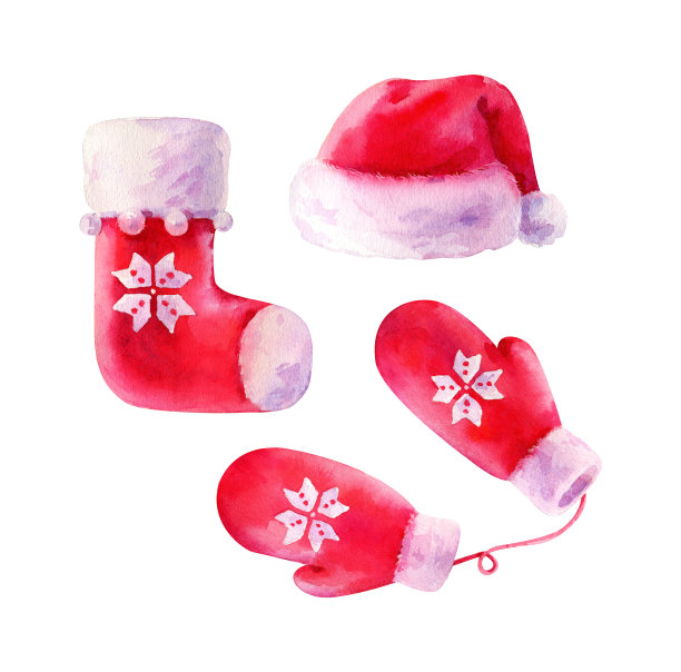 手绘水彩冬季服装帽子，围巾，袜子和手套孤立在白色的背景。图片下载