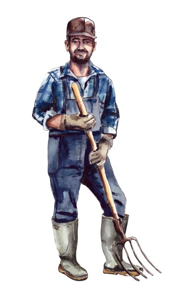 水彩插图。角色是一个戴着帽子，手里拿着干草叉的年轻农民。男人的爱好和爱好，户外活动。一个戴帽子的男人。孤立在白色背景上图片下载